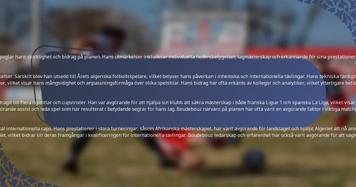 <p>Brahim Boudebouz har fått flera prestigefyllda utmärkelser under sin karriär, vilket speglar hans skicklighet och bidrag på planen. Hans utmärkelser inkluderar individuella hedersbetygelser, lagmästerskap och erkännande för sina prestationer med landslaget.</p>
<h3>Individuella utmärkelser och hedersbetygelser</h3>
<p>Boudebouz har blivit erkänd för sin exceptionella talang med flera individuella utmärkelser. Särskilt blev han utsedd till Årets algeriska fotbollsspelare, vilket belyser hans påverkan i inhemska och internationella tävlingar. Hans tekniska färdigheter och spelfördelande förmågor har gett honom platser i olika ligors bästa XI-urval.</p>
<p>Förutom nationellt erkännande har Boudebouz också fått utmärkelser i europeiska ligor, vilket visar hans mångsidighet och anpassningsförmåga över olika spelstilar. Hans bidrag har ofta erkänts av kollegor och analytiker, vilket ytterligare befäster hans rykte som en toppspelare i sin position.</p>
<h3>Lagframgångar och mästerskap</h3>
<p>Under sin karriär har Boudebouz spelat en nyckelroll i sina lags framgångar, vilket bidragit till flera ligatitlar och cupvinster. Han var avgörande för att hjälpa sin klubb att säkra mästerskap i både franska Ligue 1 och spanska La Liga, vilket visar hans förmåga att prestera på högsta nivå.</p>
<p>Hans bidrag har inte bara begränsats till att göra mål utan inkluderar också att ge avgörande assist och leda spel som har resulterat i betydande segrar för hans lag. Boudebouz närvaro på planen har ofta varit en avgörande faktor i viktiga matcher, vilket har gett honom respekt från både lagkamrater och motståndare.</p>
<h3>Internationellt erkännande och bidrag</h3>
<p>Boudebouz har representerat Algeriet vid flera tillfällen och har fått ett betydande antal internationella caps. Hans prestationer i stora turneringar, såsom Afrikanska mästerskapet, har varit avgörande för landslaget och hjälpt Algeriet att nå anmärkningsvärda milstolpar.</p>
<p>Hans förmåga att prestera under press har gjort honom till en nyckelspelare för Algeriet, vilket bidrar till deras framgångar i kvalificeringen för internationella tävlingar. Boudebouz ledarskap och erfarenhet har också varit avgörande för att vägleda yngre spelare i landslaget, vilket säkerställer en stark framtid för algerisk fotboll.</p>
<h2>Hur har Brahim Boudebouz bidragit till fotboll?